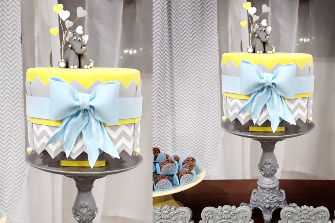 Locação bolo cenográfico chá de bebê, chá revelação tema Elefante, chevron