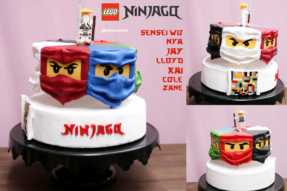 bolo falso tema ninjago, locação em SP de bolos cenográficos, sensei wu, nya, jay, lloyd, kai,cole